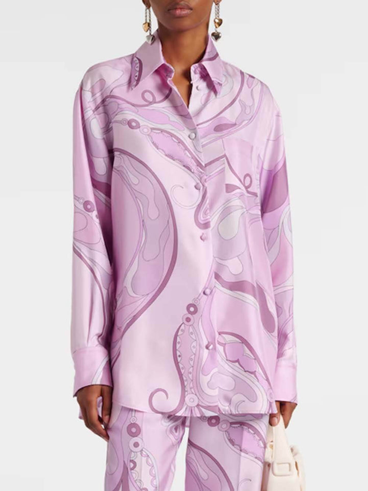 Exquisite Orchid Print Satin Twill Button-Down Oversized Shirt