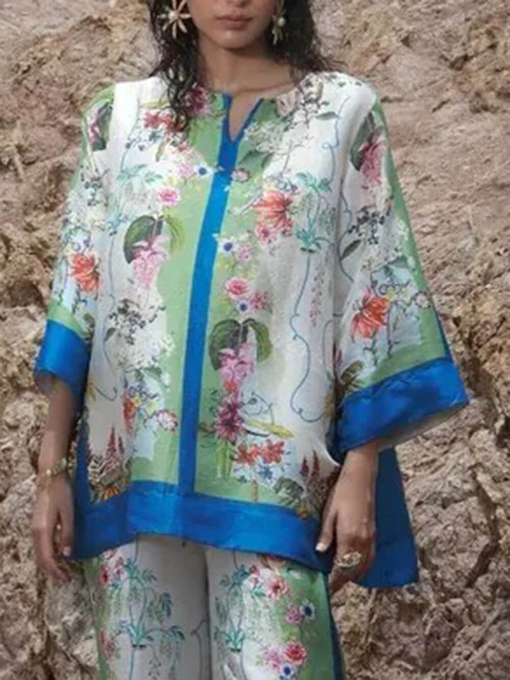 Modern Satin Floral Patchwork Wide-Leg Pants