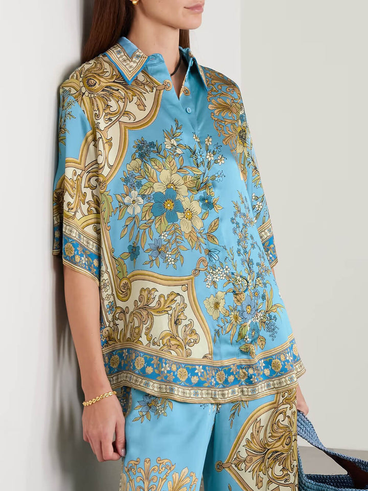Unique Casual Floral Print Satin Loose Button-Up Shirt