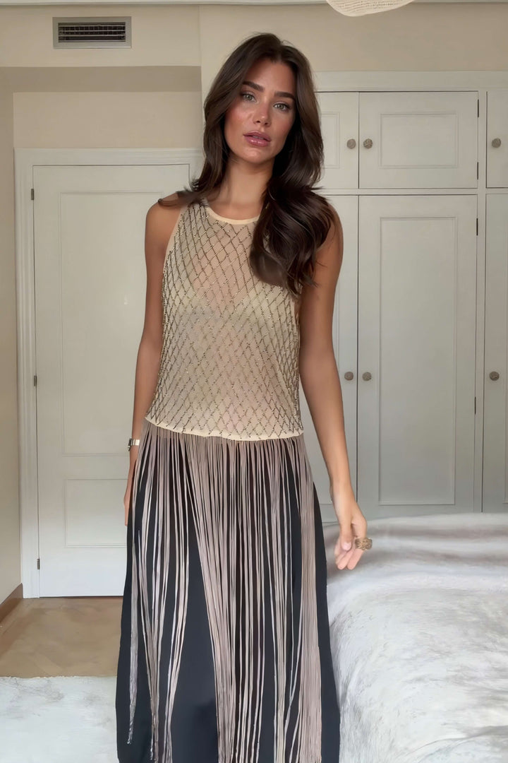 Fashionable Tassel-Trimmed Beaded Sleeveless Top