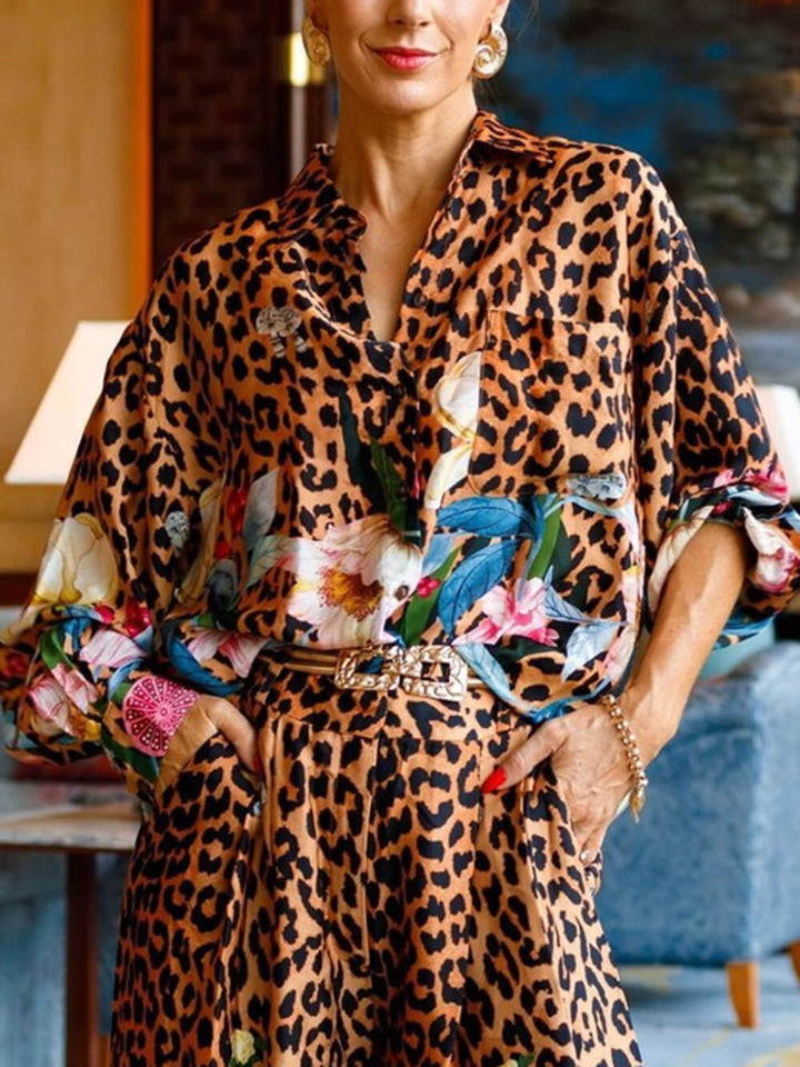 Unique Leopard & Floral Print Loose Button-Up Shirt