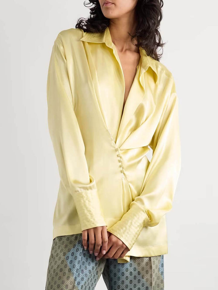 Delicate Print Satin Elastic-Waist Drawstring Straight Pants