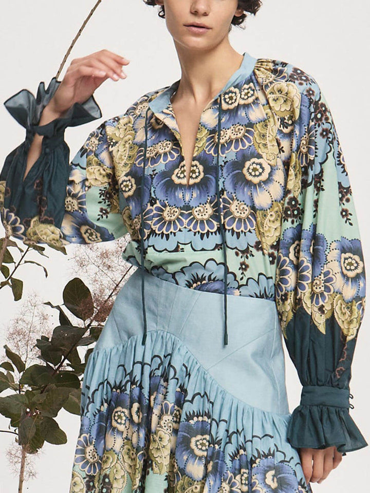 Classic Unique Floral Print Colorblocked Lace-Up Pockets Elastic Waist Wide-Leg Pants