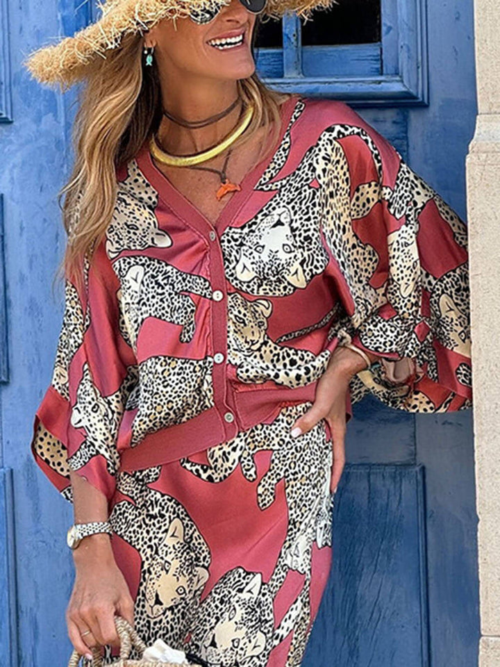 Modern And Unique Satin Tiger Print Button Down Oversized Blouse