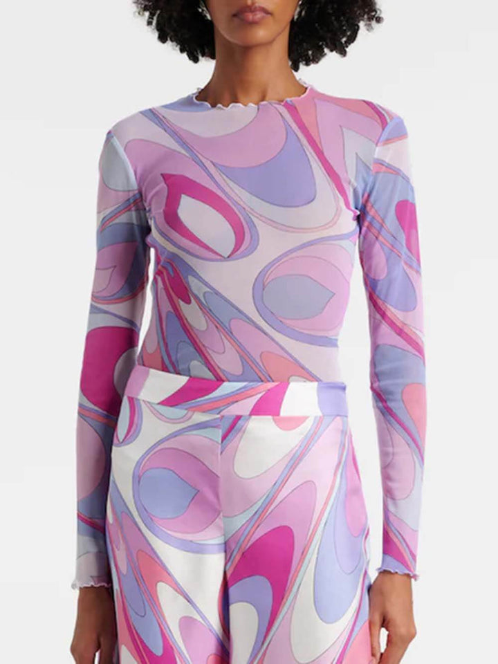 Unique Rainbow Print Twill Satin Fitted Top