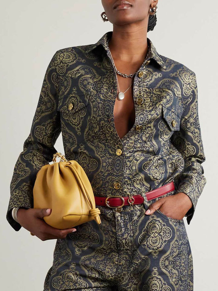 Retro Ethnic Print Metallic Denim Jacquard Straight Pants