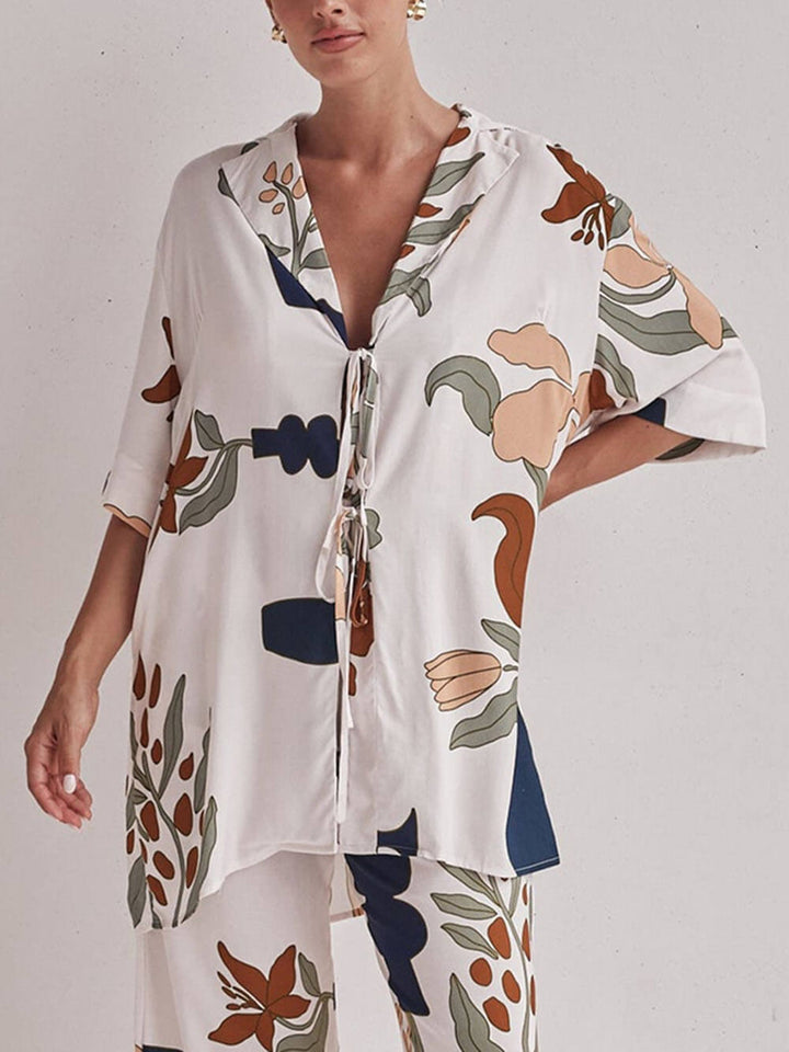 Classic Modern Feel Unique Floral Print Oversized Tie Shirt