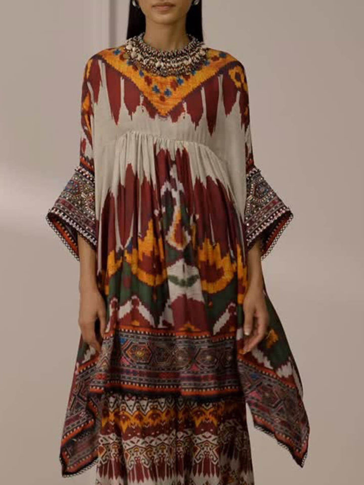Unique Ethnic Print Bell Sleeve Oversized Long Shirt