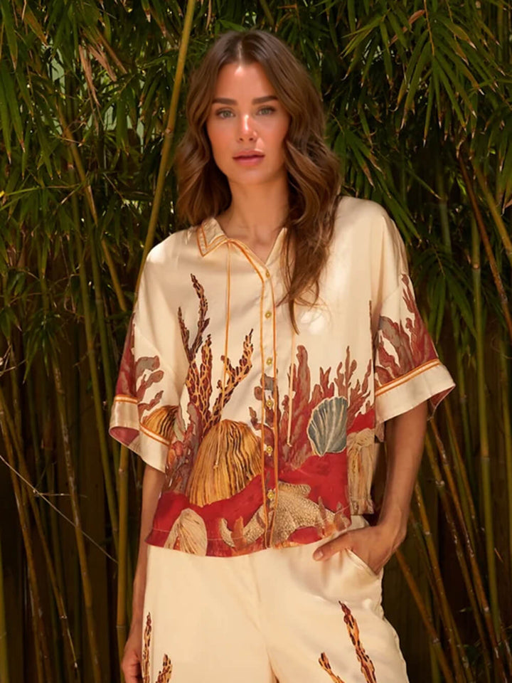 Exquisite Printed Collared Three-Quarter Sleeve Kimono Top