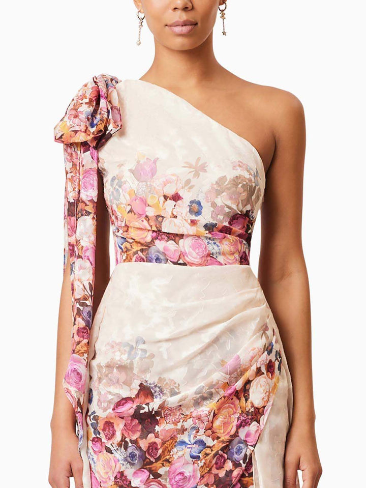 Elegant One-shoulder Bow Sleeve Floral Print Draped Top