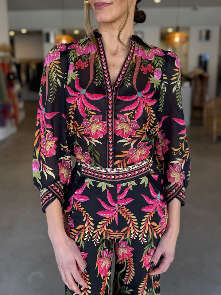 Unique Tropical Botanical Floral Print Puff Sleeve Loose Shirt