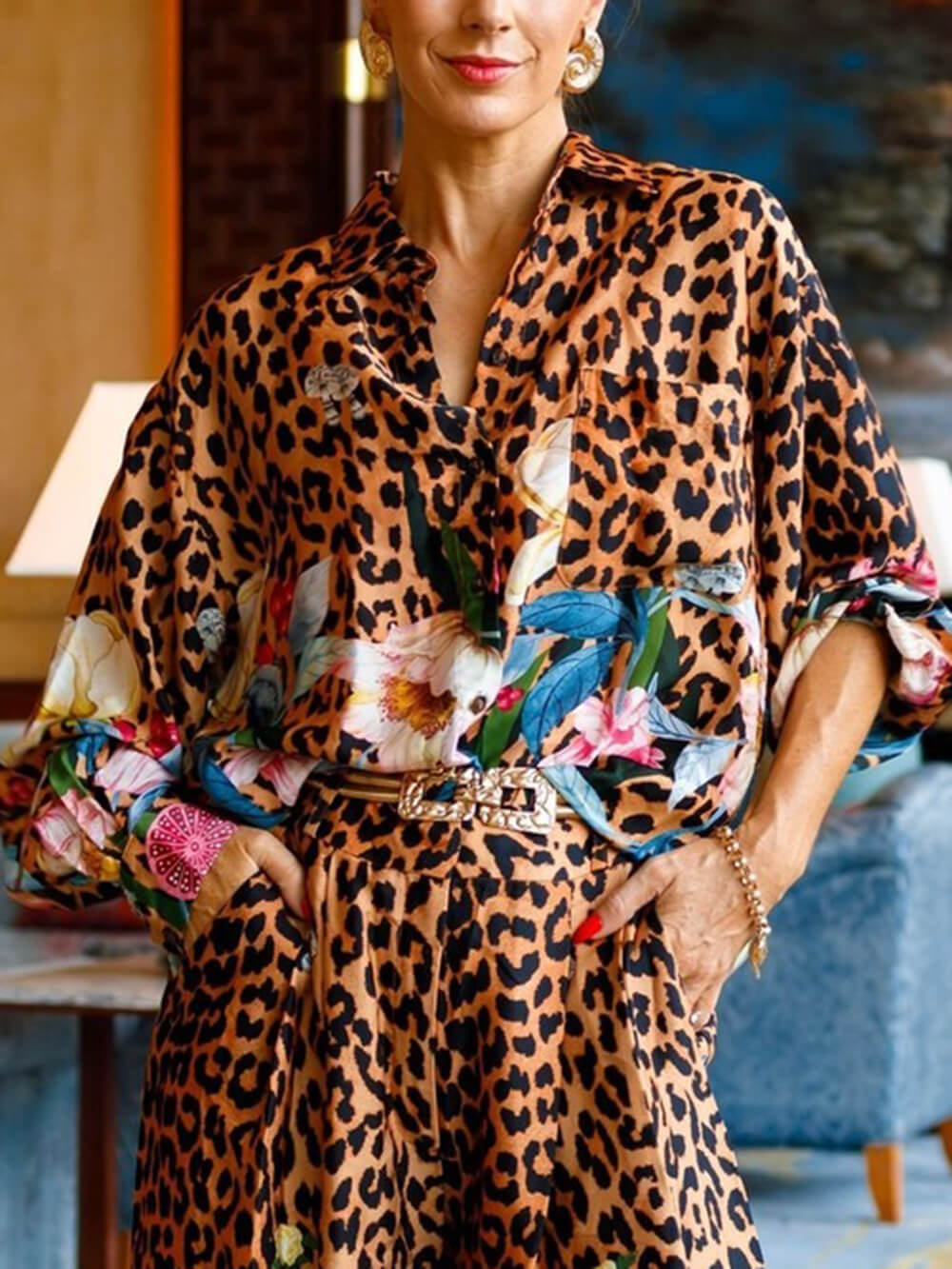 Unique Leopard Floral Print Elastic-Waist Wide-Leg Pants