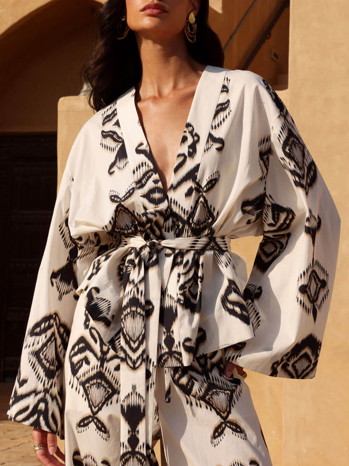 Exquisite Modern Unique Print Pattern Deep V Belt Loose Kimono Shirt