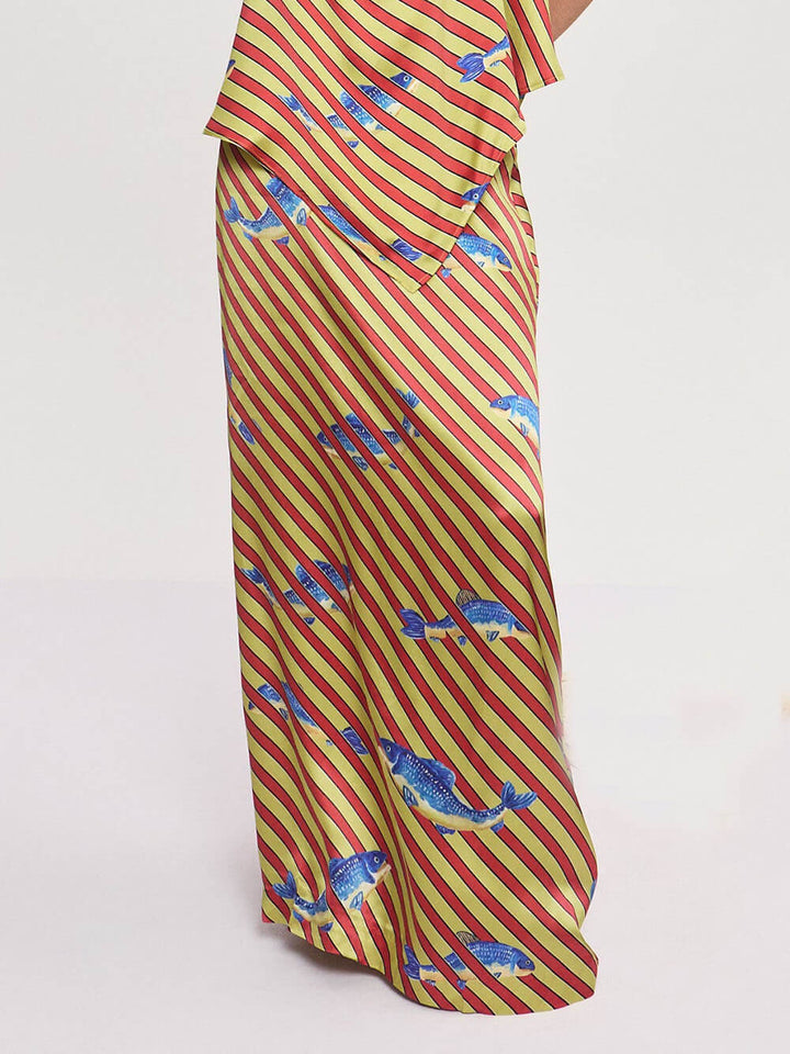 Unique Satin Ocean Print Loose Midi Skirt