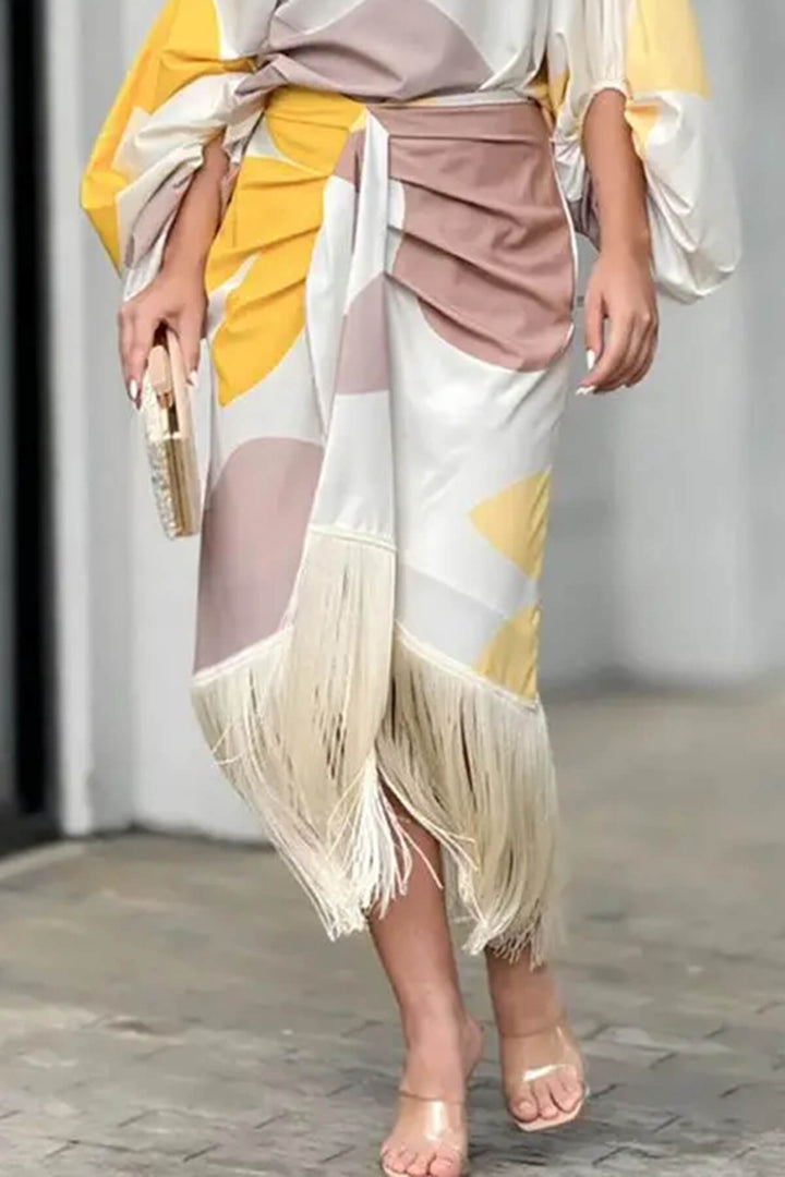 Fashionable Elegant Printed Tassel-Trim Midi Skirt