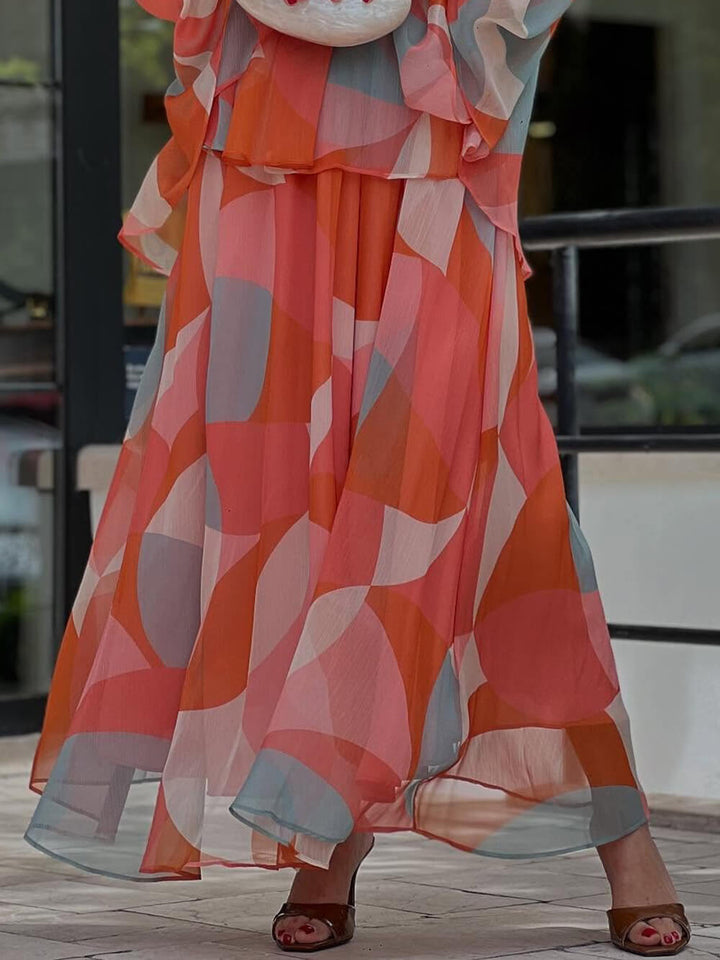 Classic Geometric Print Elastic Waist Maxi Skirt