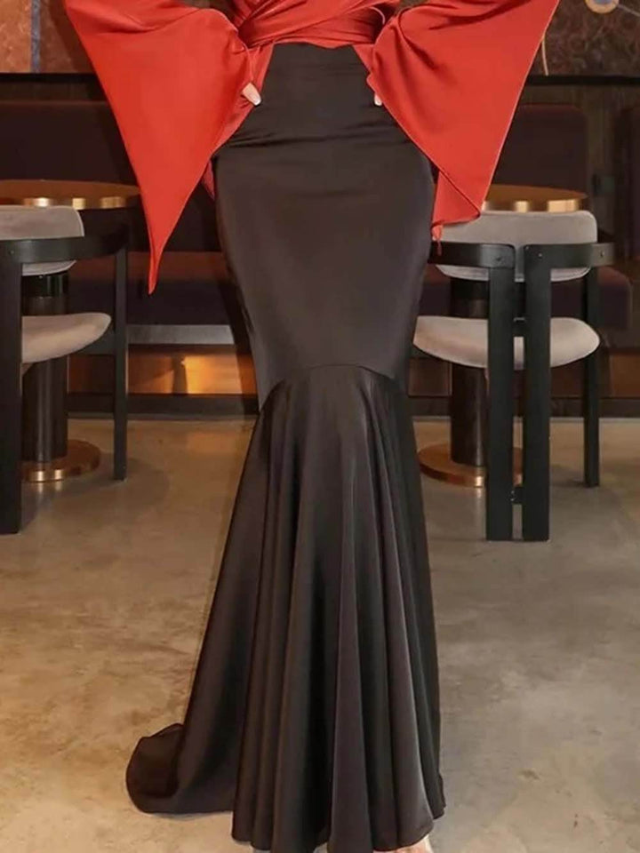 Fashion Satin Button Front Center Cross Straps Long Bell Sleeve Shirt