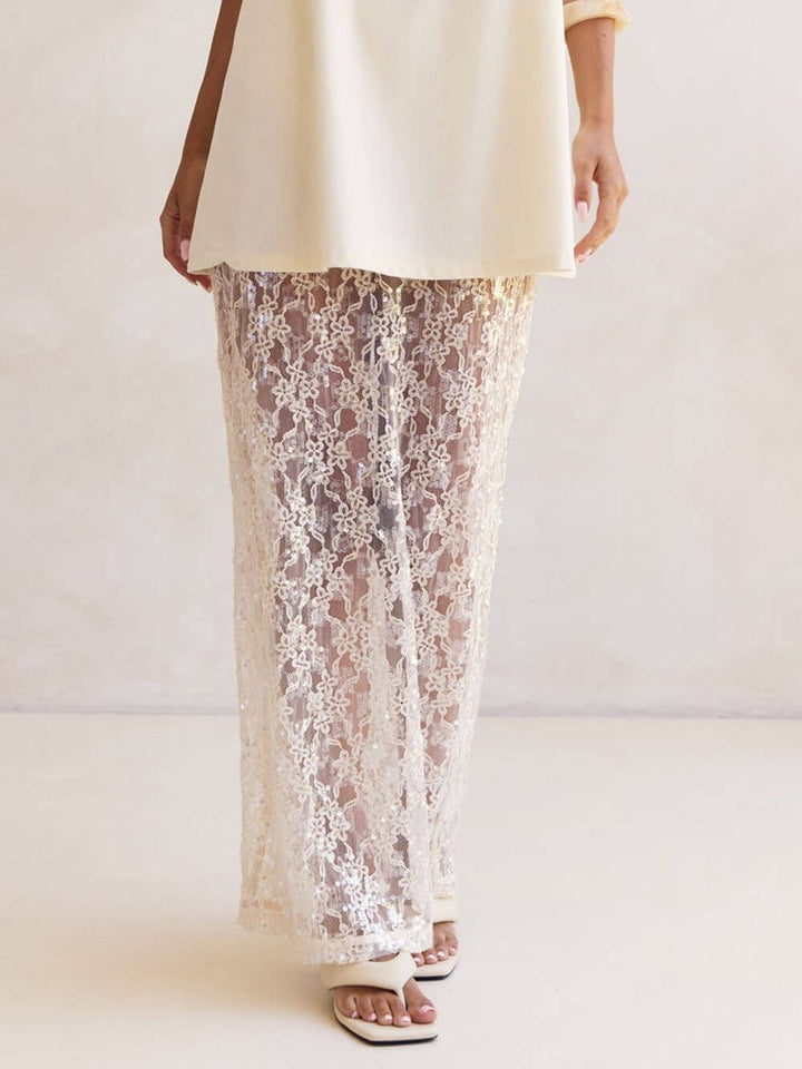 Elegant Off-Shoulder Strap A-Line Top Sheer Sequin Lace High-Waist Maxi Skirt Set