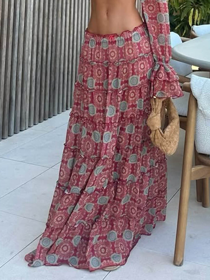 Casual Sexy Floral Print Ruffled Maxi Skirt