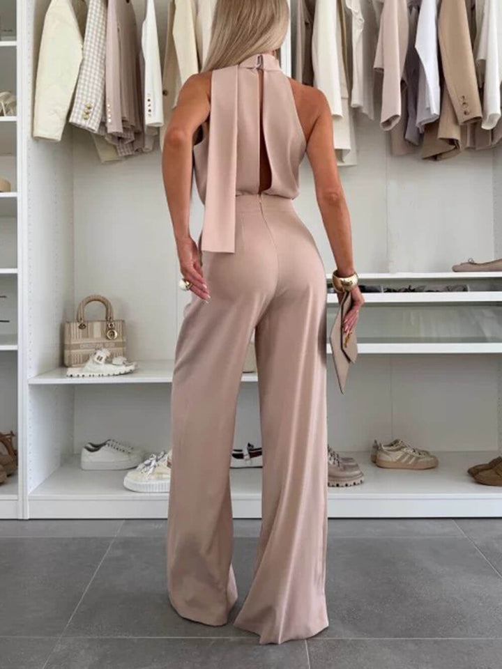 Exquisite And Stylish Solid Color Sleeveless Tie High Waist Wide Leg Jumpsuit