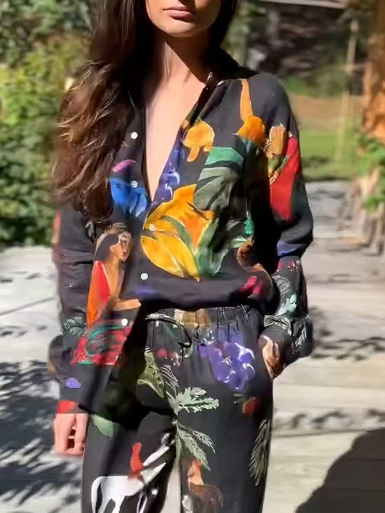 Unique Art Painted Floral Print Long Sleeve Loose Shirt