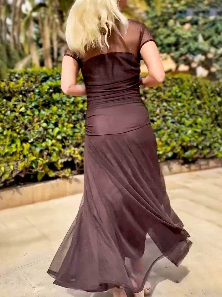 Elegant Mesh Pleated Wide-leg Hip-hugging Maxi Dress