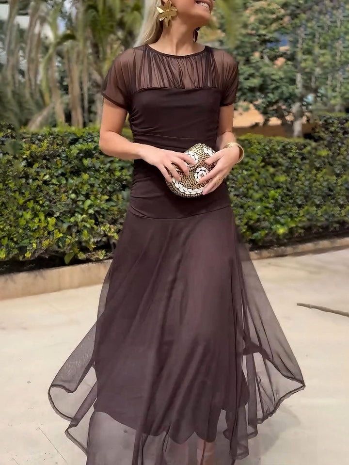 Elegant Mesh Pleated Wide-leg Hip-hugging Maxi Dress