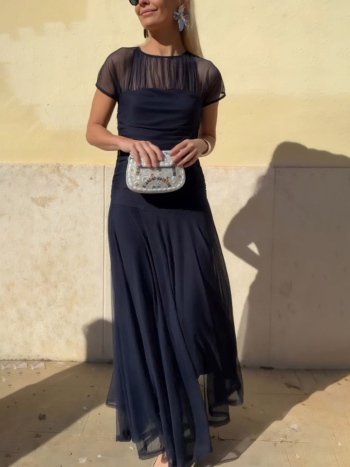 Elegant Mesh Pleated Wide-leg Hip-hugging Maxi Dress