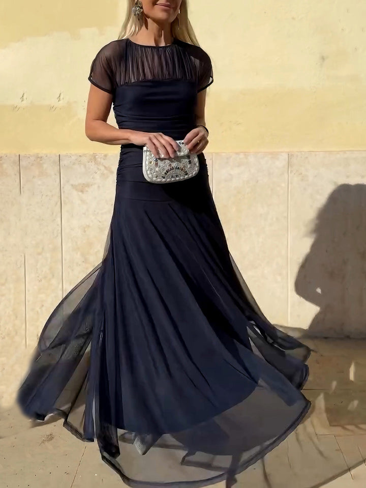 Elegant Mesh Pleated Wide-leg Hip-hugging Maxi Dress