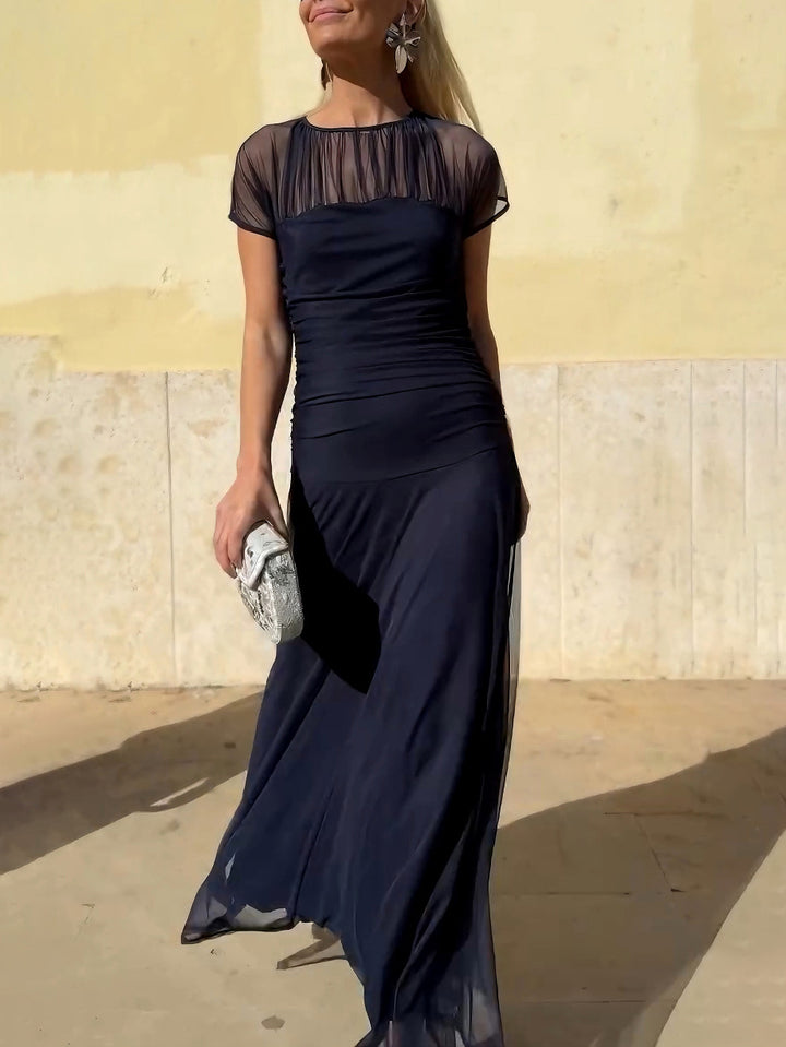 Elegant Mesh Pleated Wide-leg Hip-hugging Maxi Dress