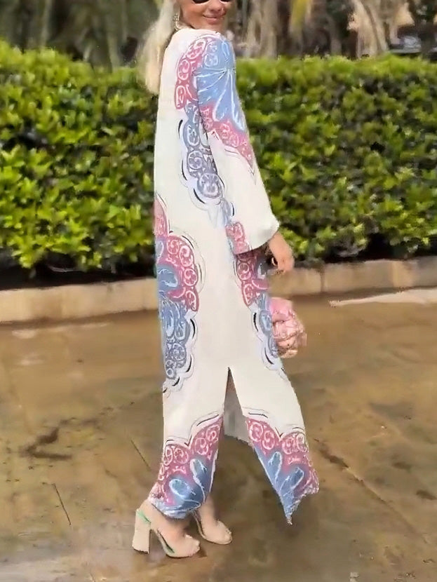Casual Paulownia Palm Print Long Sleeve Slow Midi Dress