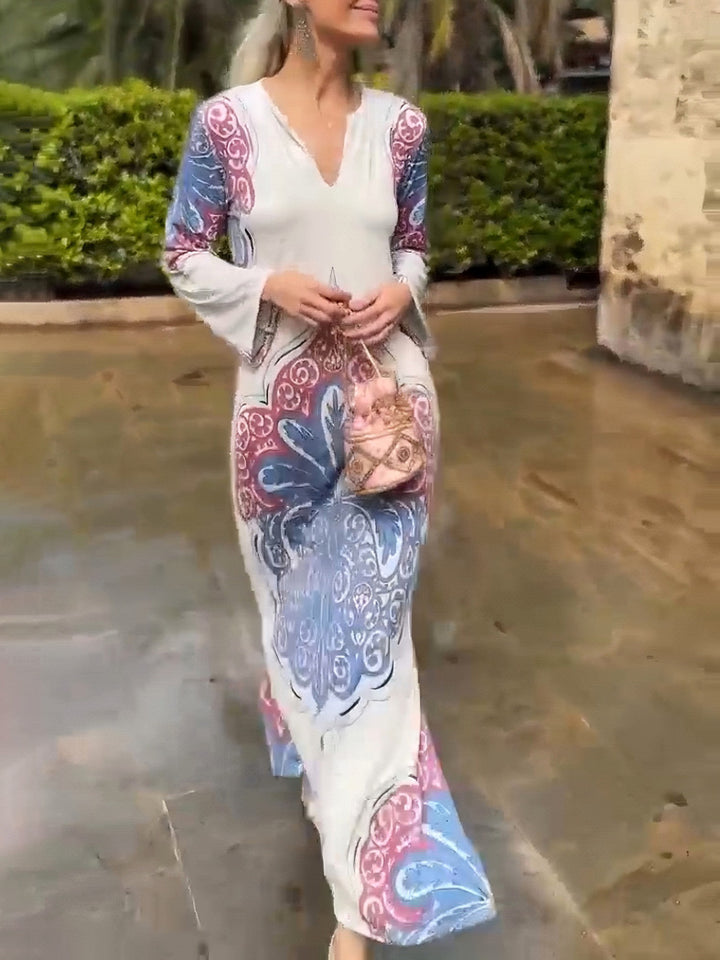 Casual Paulownia Palm Print Long Sleeve Slow Midi Dress