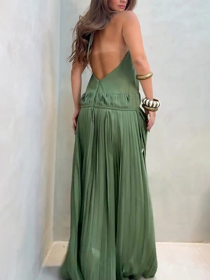 Elegant Sexy Open Back Pleated Maxi Dress