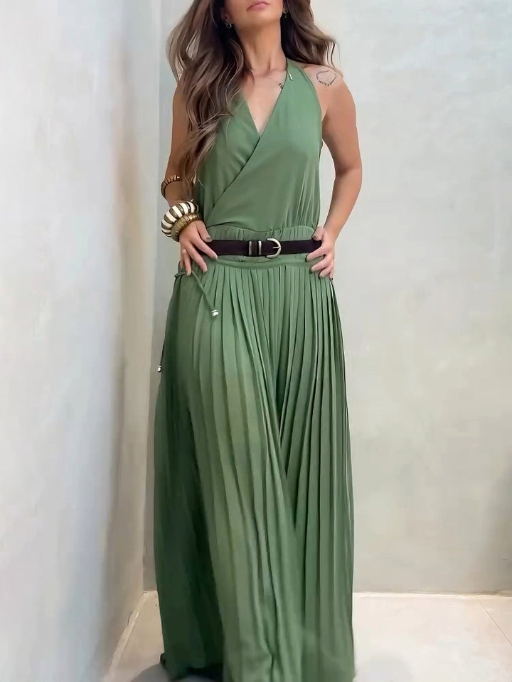 Elegant Sexy Open Back Pleated Maxi Dress