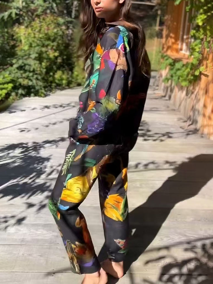 Unique Art Painted Floral Print Long Sleeve Loose Shirt