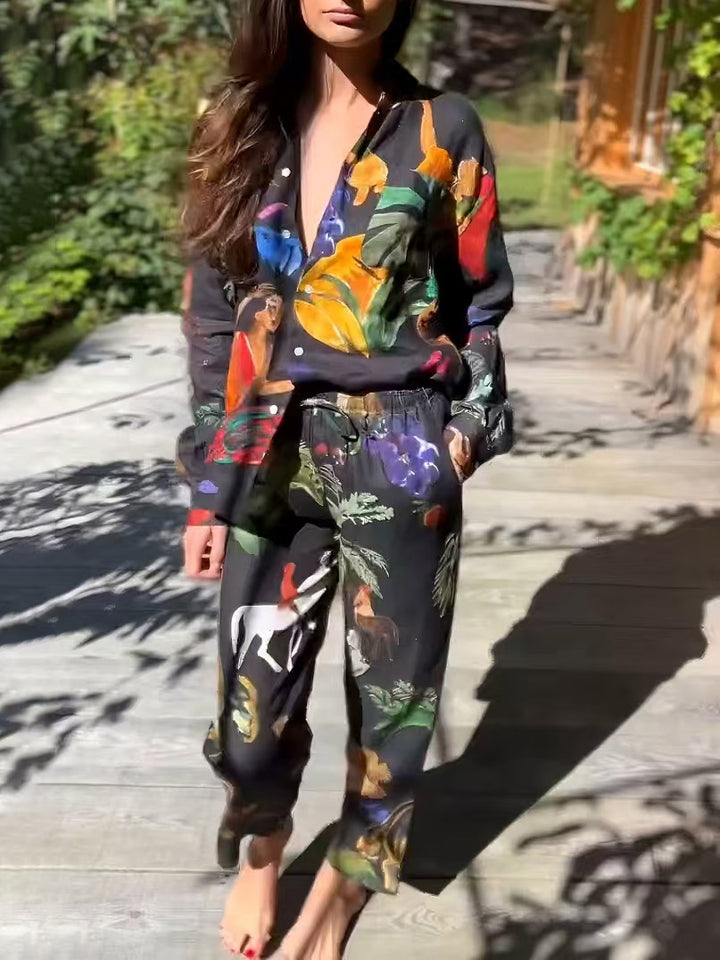 Unique Art Painted Floral Print Long Sleeve Loose Shirt