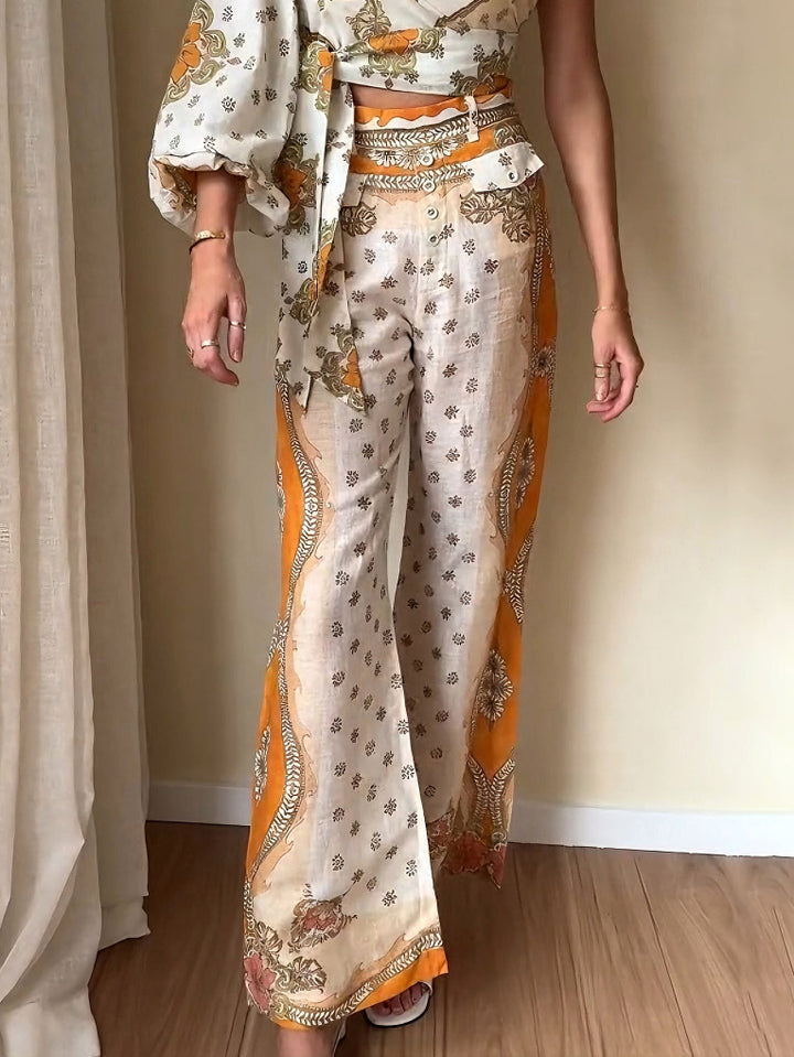 Exquisite Ethnic Style Floral Print Flared Pants