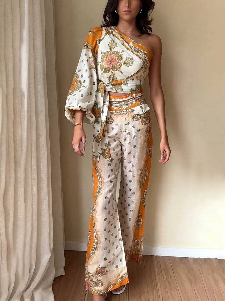 Exquisite Ethnic Style Floral Print One-shoulder Sleeve Top
