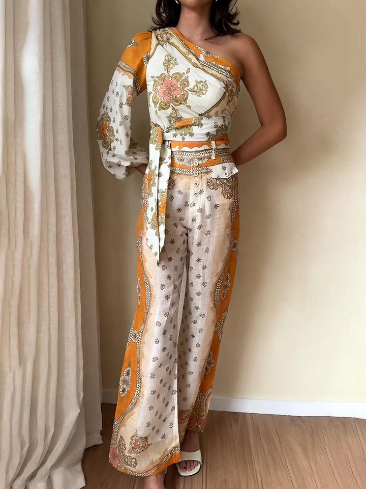 Exquisite Ethnic Style Floral Print One-shoulder Sleeve Top