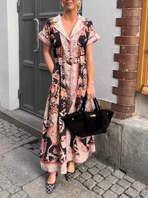 Exquisite Vintage Plley Print Shirt-style Maxi Dress