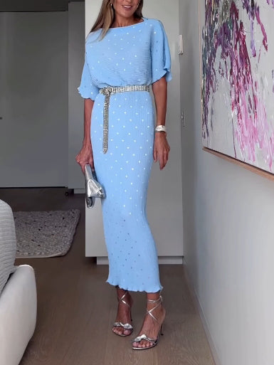Elegant Pleated Dropped Shoulder Sleeve Maxi Dress