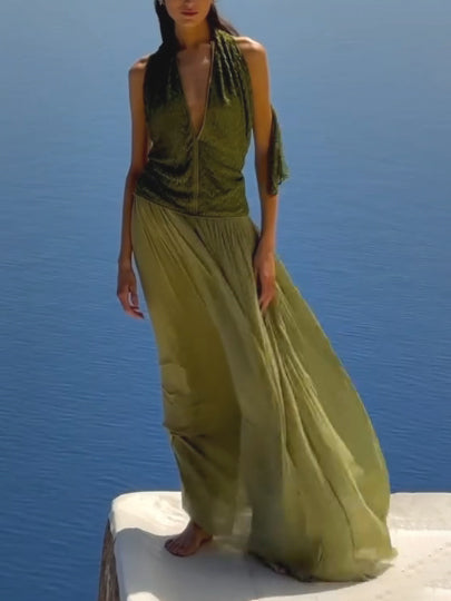 Elegant Deep V Neck Flowing Long Dress Two-piece Set
