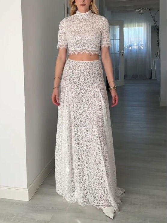 Elegant Hollow Lace Short-sleeved Top