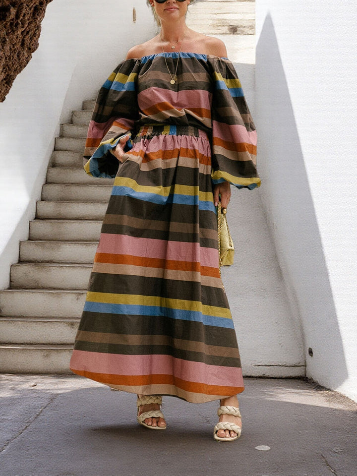 Retro Striped Print Draped Elastic Waist Pocket Maxi Skirt