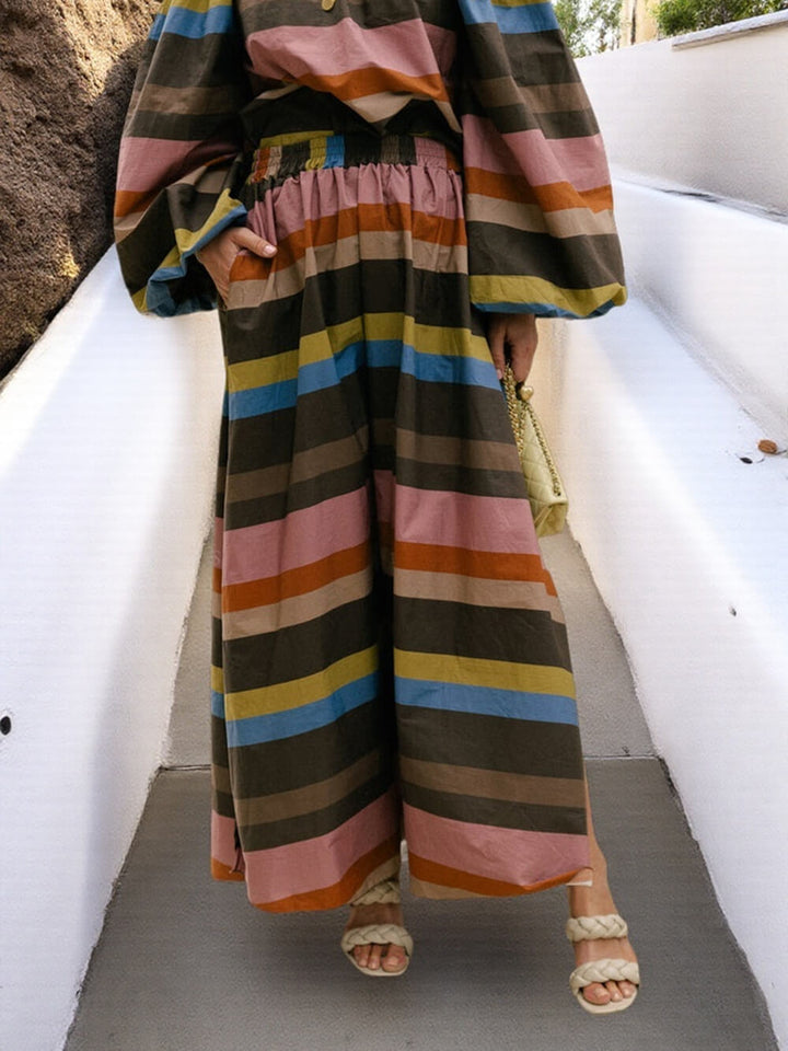 Retro Striped Print Draped Elastic Waist Pocket Maxi Skirt