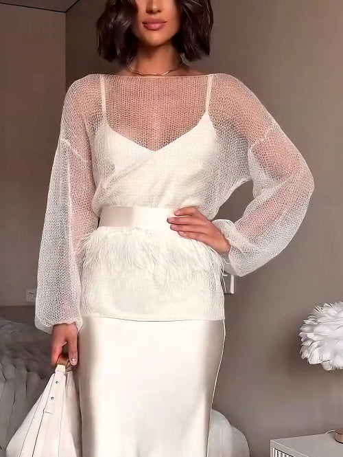 Elegant Openwork Knit Top And Satin Dress Two-piece Set