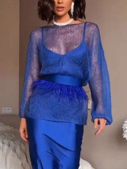 Elegant Openwork Knit Top And Satin Dress Two-piece Set