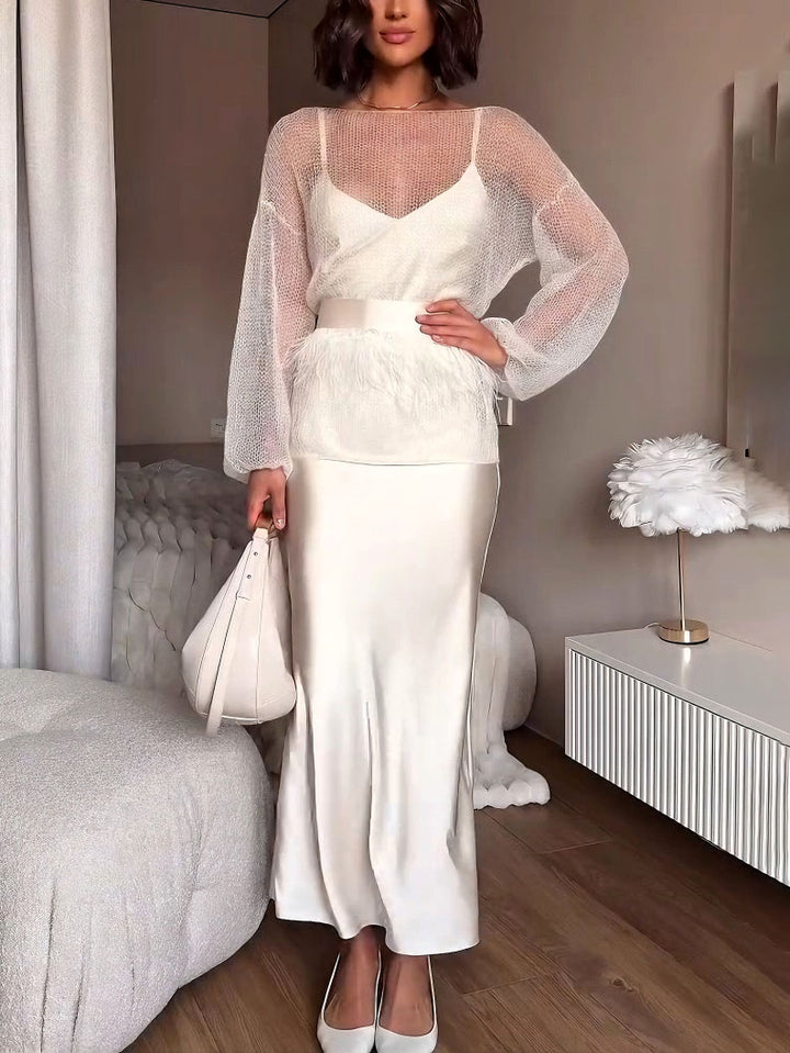 Elegant Openwork Knit Top And Satin Dress Two-piece Set