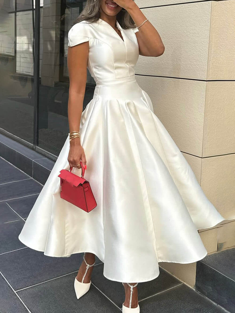 Elegant Pleated V-Neck Waisted A-Line Midi Dress