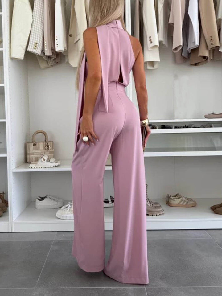Exquisite And Stylish Solid Color Sleeveless Tie High Waist Wide Leg Jumpsuit